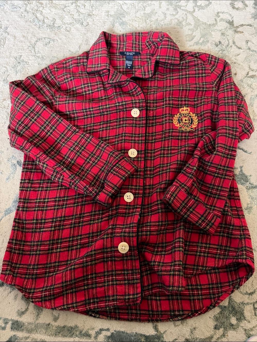 Chaps Red and Black Plaid Button-Down Shirt with Embroidered Crest